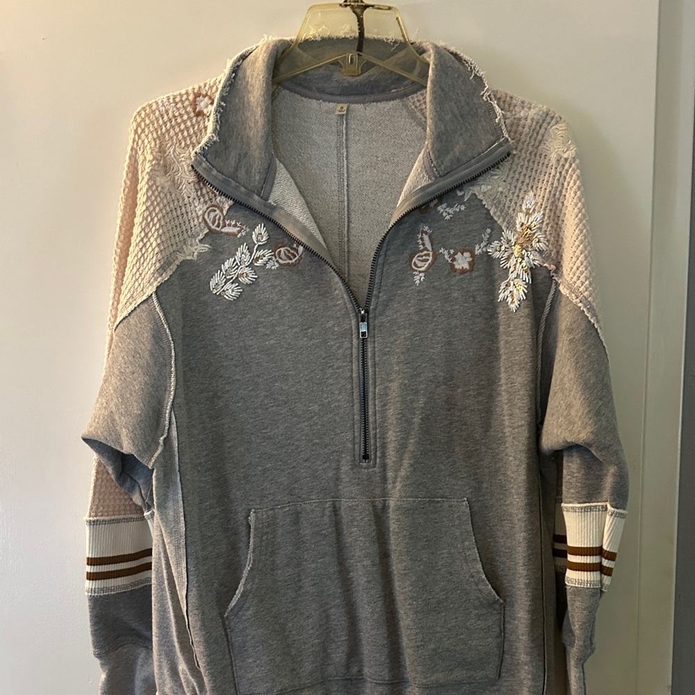 Cozy Gray Quarter-Zip Pullover with Embroidered Floral Accents